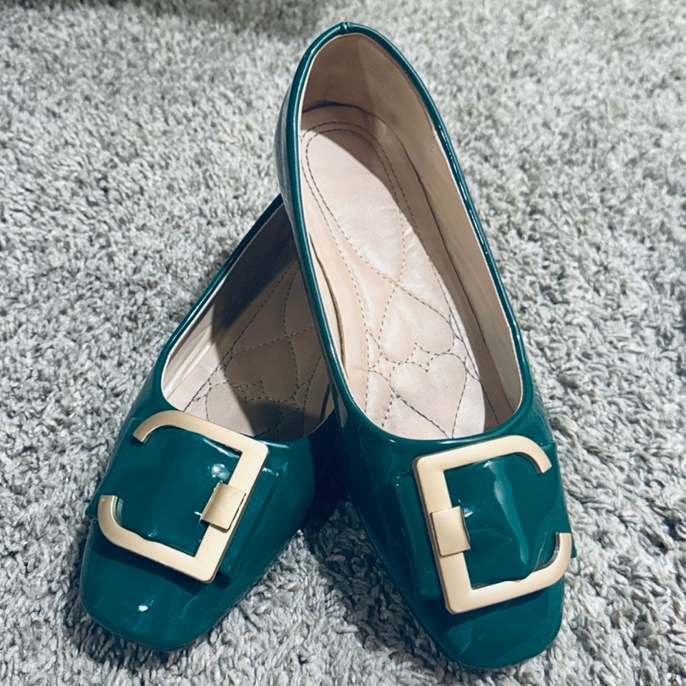 Green and Gold Flats with Chic Buckle